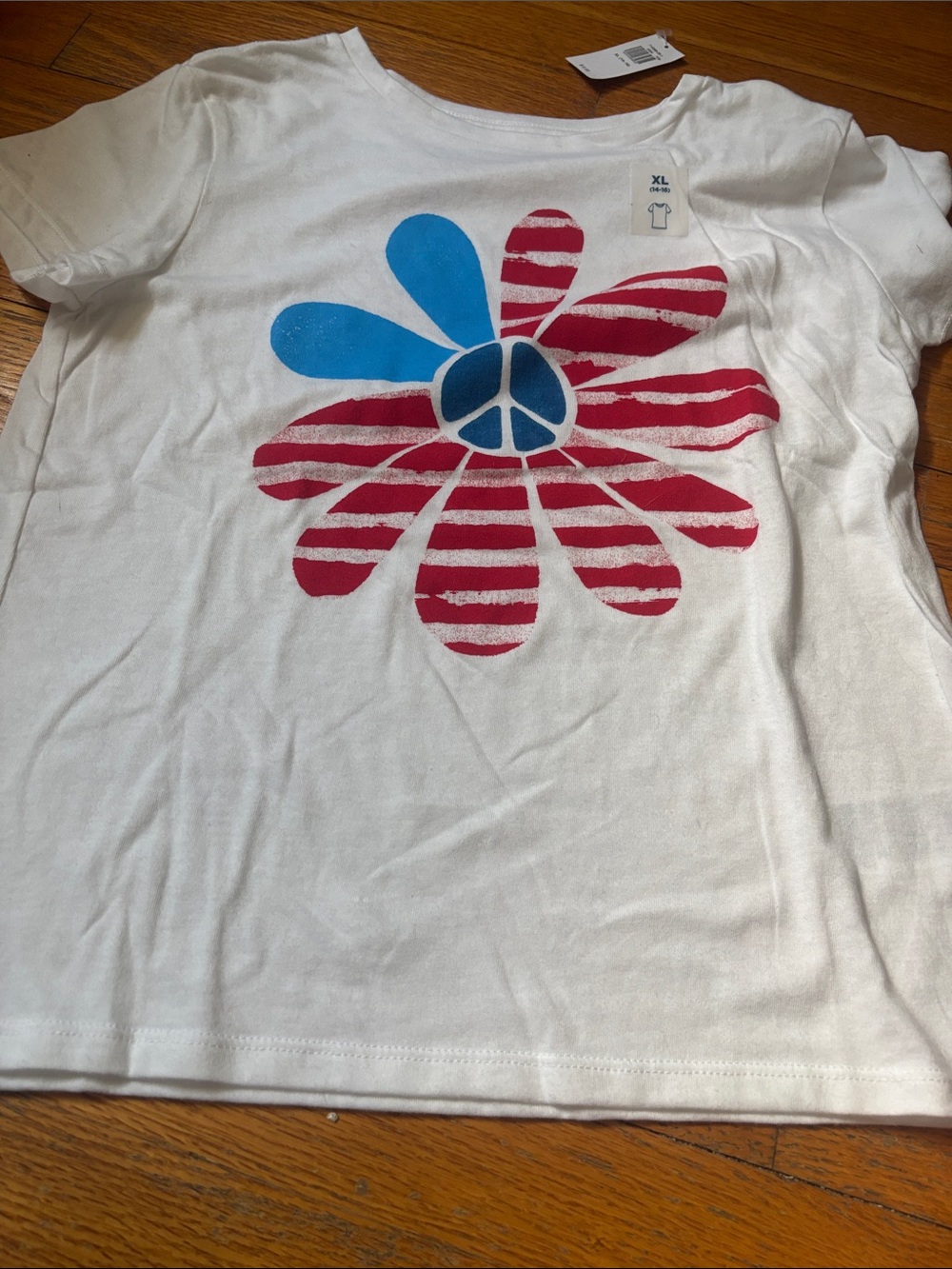 Old Navy White Short-Sleeve Tee with Red Striped Daisy & Blue Peace Center
